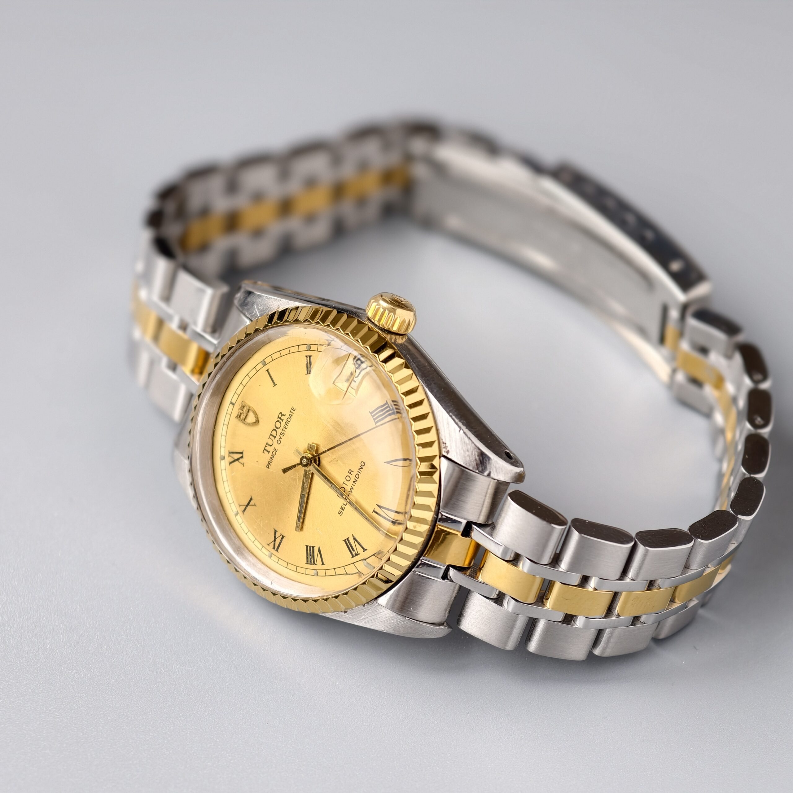 tudor prince oysterdate ref.72033 two‑tone gold & steel automatic watch, champagne roman numeral dial, fluted bezel, jubilee bracelet tudor prince oysterdate ref.72033 two‑tone gold & steel automatic watch, champagne roman numeral dial, fluted bezel, jubilee bracelet