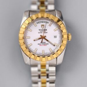 tudor classic date+day ref.m23013 0014 two tone steel & 18k yellow gold automatic watch, white dial, original two tone bracelet, 100m water resistant