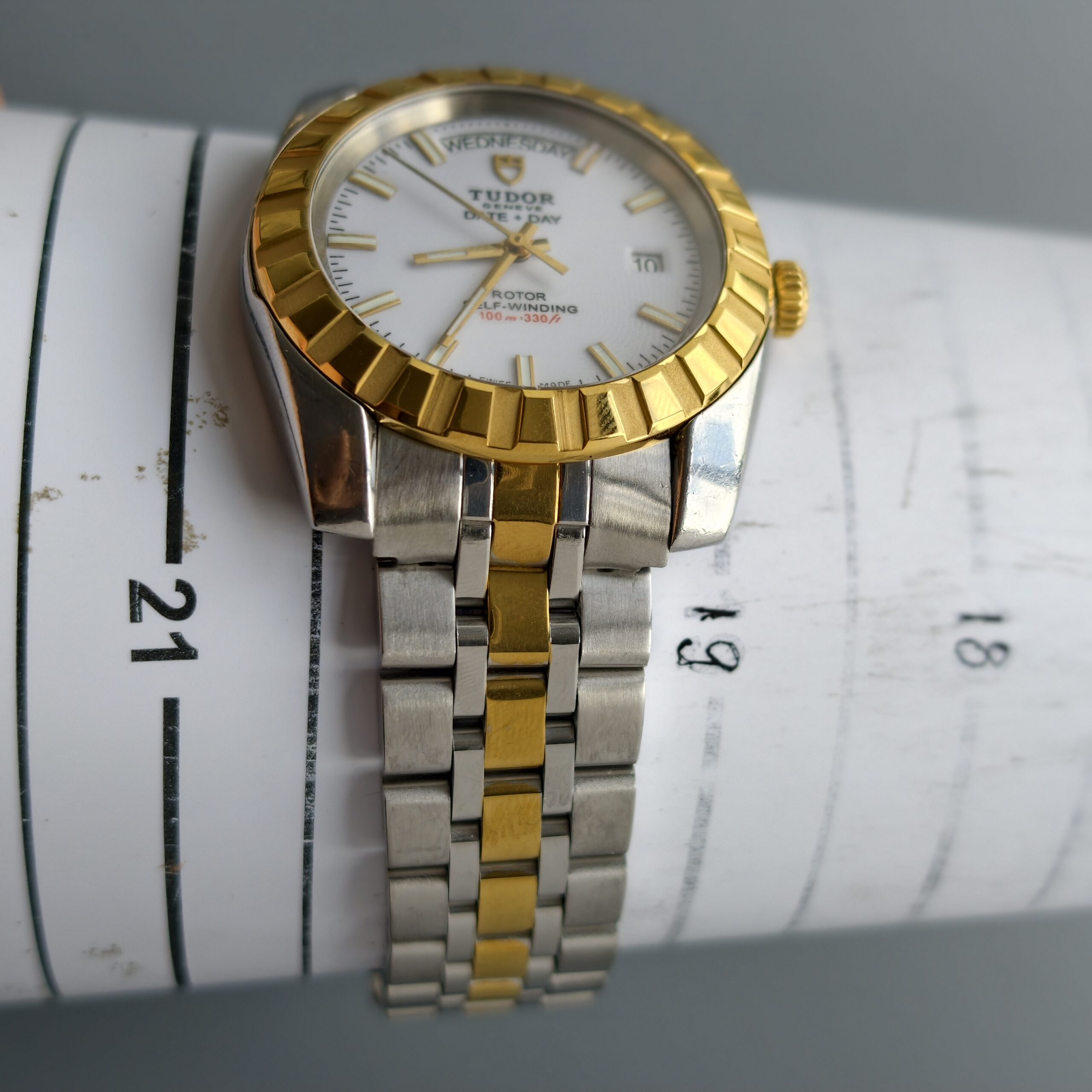 tudor classic date+day ref.m23013 0014 two tone steel & 18k yellow gold automatic watch, white dial, original two tone bracelet, 100m water resistant tudor classic date+day ref.m23013 0014 two tone steel & 18k yellow gold automatic watch, white dial, original two tone bracelet, 100m water resistant