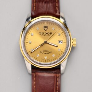 tudor glamour ref.m55003 0039 two tone steel & 18k yellow gold automatic watch, champagne diamond dial, brown crocodile leather strap
