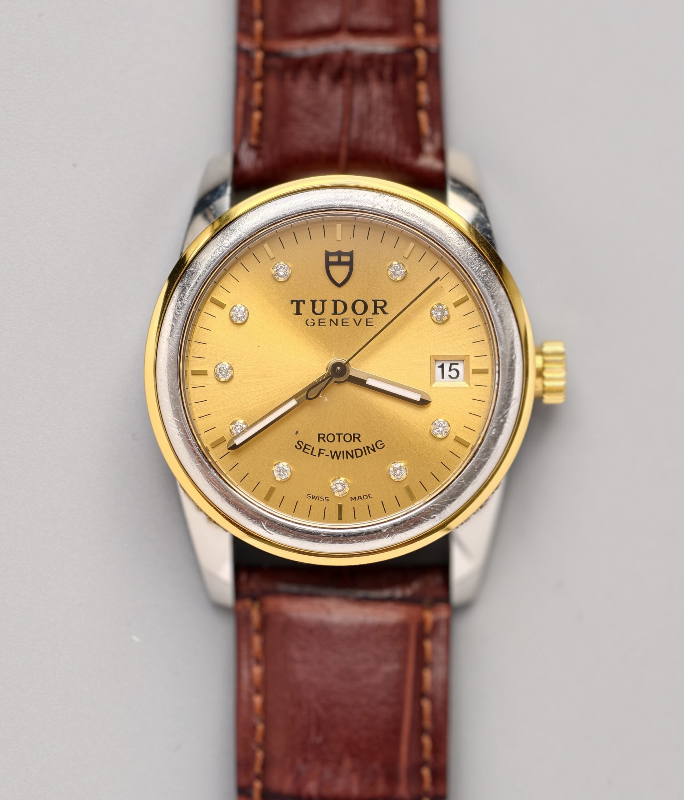 tudor glamour ref.m55003 0039 two tone steel & 18k yellow gold automatic watch, champagne diamond dial, brown crocodile leather strap tudor glamour ref.m55003 0039 two tone steel & 18k yellow gold automatic watch, champagne diamond dial, brown crocodile leather strap