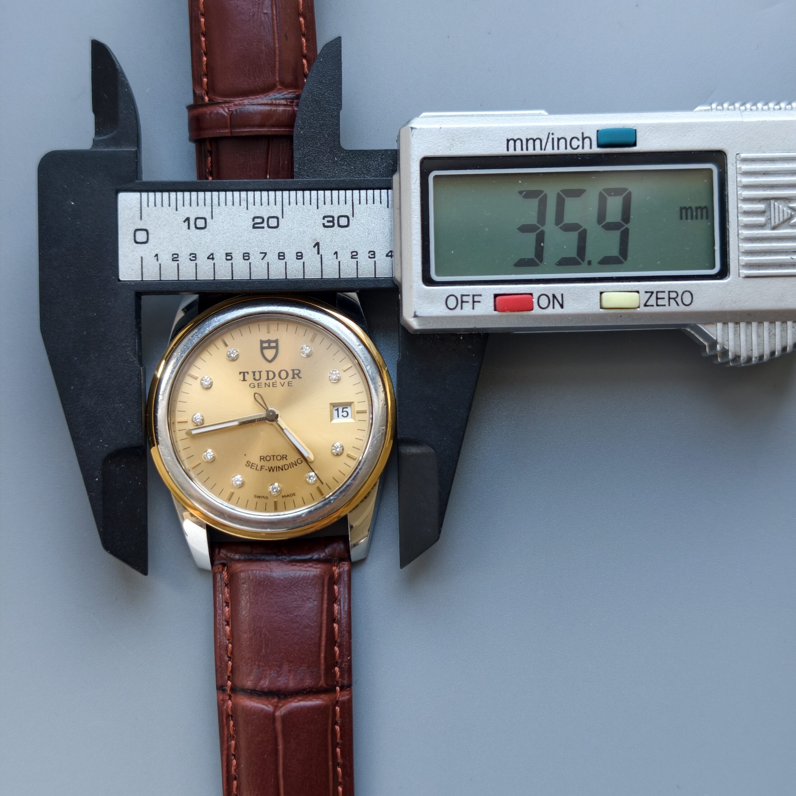 tudor glamour ref.m55003 0039 two tone steel & 18k yellow gold automatic watch, champagne diamond dial, brown crocodile leather strap tudor glamour ref.m55003 0039 two tone steel & 18k yellow gold automatic watch, champagne diamond dial, brown crocodile leather strap