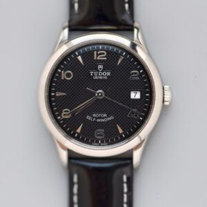 tudor 1926 ref.m91450 0008 stainless steel automatic watch, black clous de paris dial, black leather strap