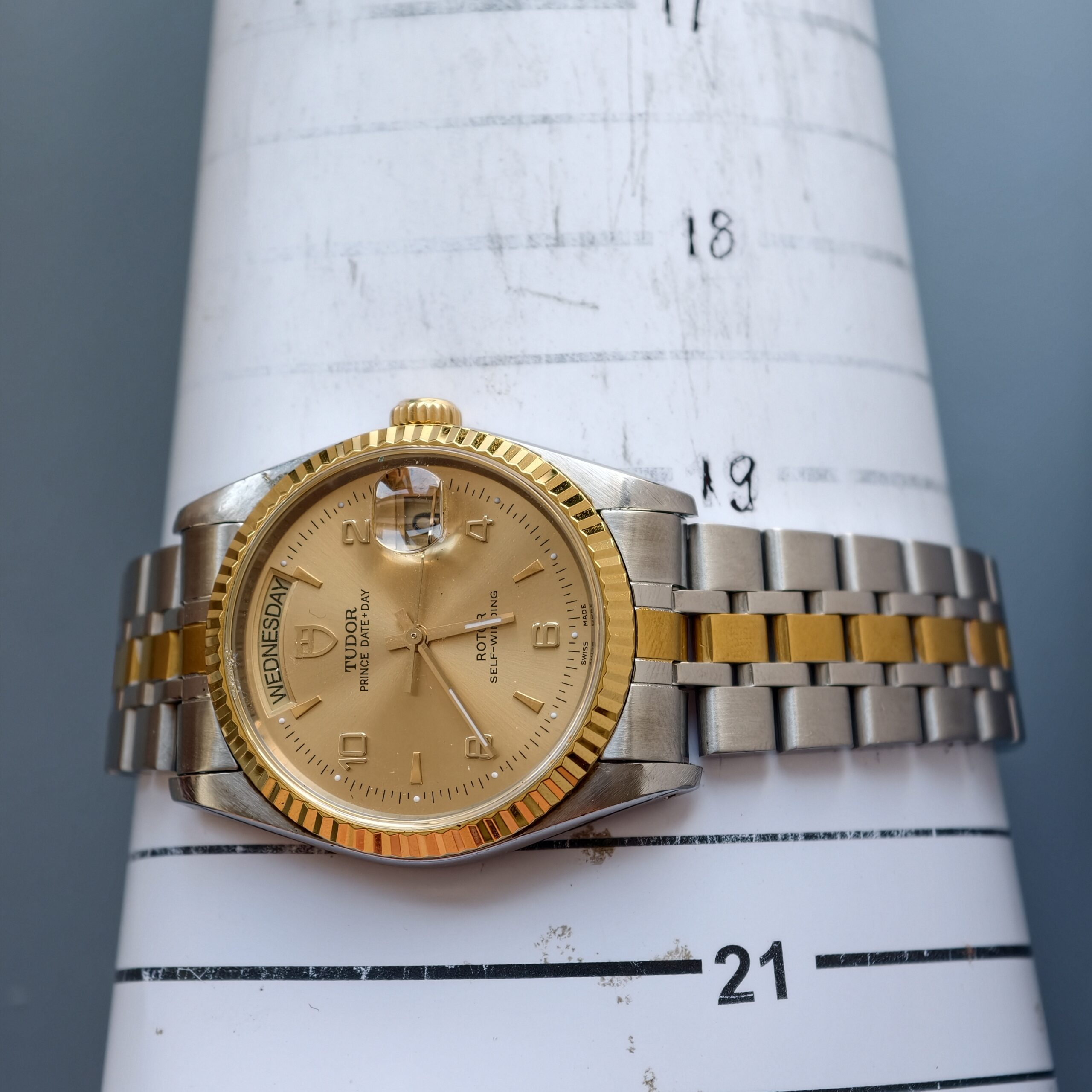 tudor prince date+day ref.76213 two tone steel & 18k yellow gold automatic watch, champagne dial, original jubilee bracelet tudor prince date+day ref.76213 two tone steel & 18k yellow gold automatic watch, champagne dial, original jubilee bracelet
