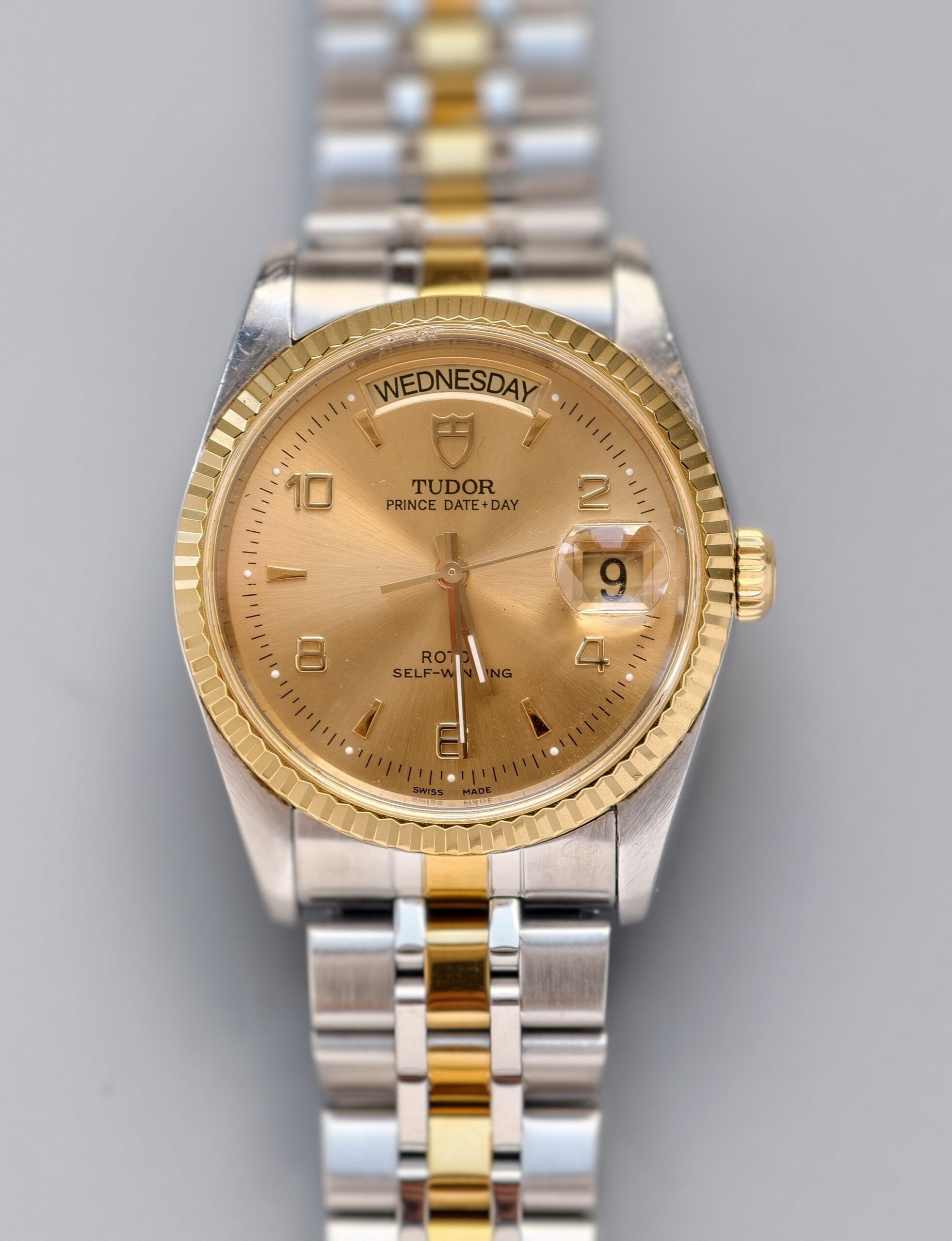tudor prince date+day ref.76213 two tone steel & 18k yellow gold automatic watch, champagne dial, original jubilee bracelet tudor prince date+day ref.76213 two tone steel & 18k yellow gold automatic watch, champagne dial, original jubilee bracelet