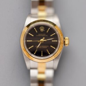 rolex ladies oyster perpetual ref.67183 two tone steel & 18k yellow gold automatic watch, black dial