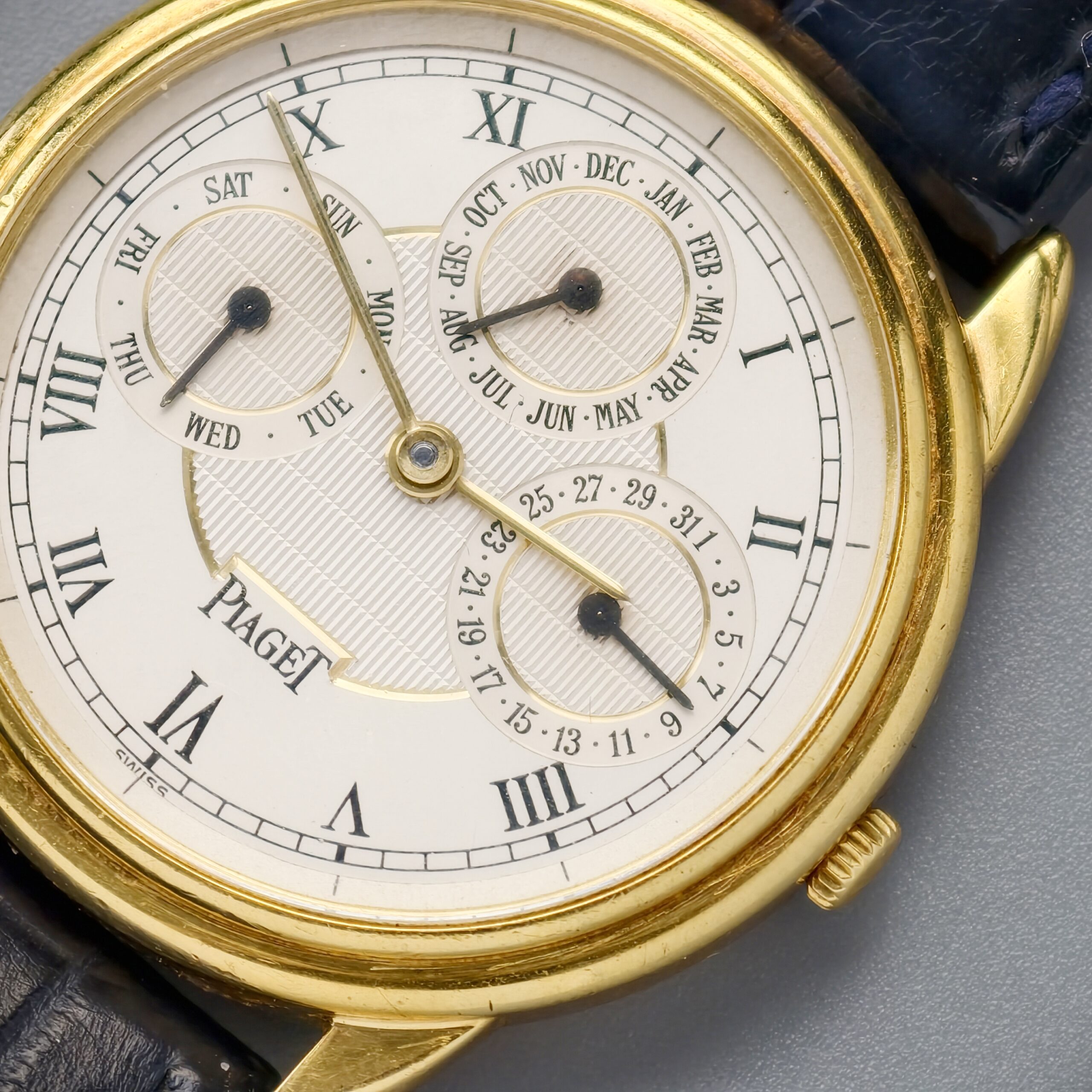 piaget gouverneur ref.15959 18k yellow gold automatic triple calendar watch, guilloché roman dial piaget gouverneur ref.15959 18k yellow gold automatic triple calendar watch, guilloché roman dial
