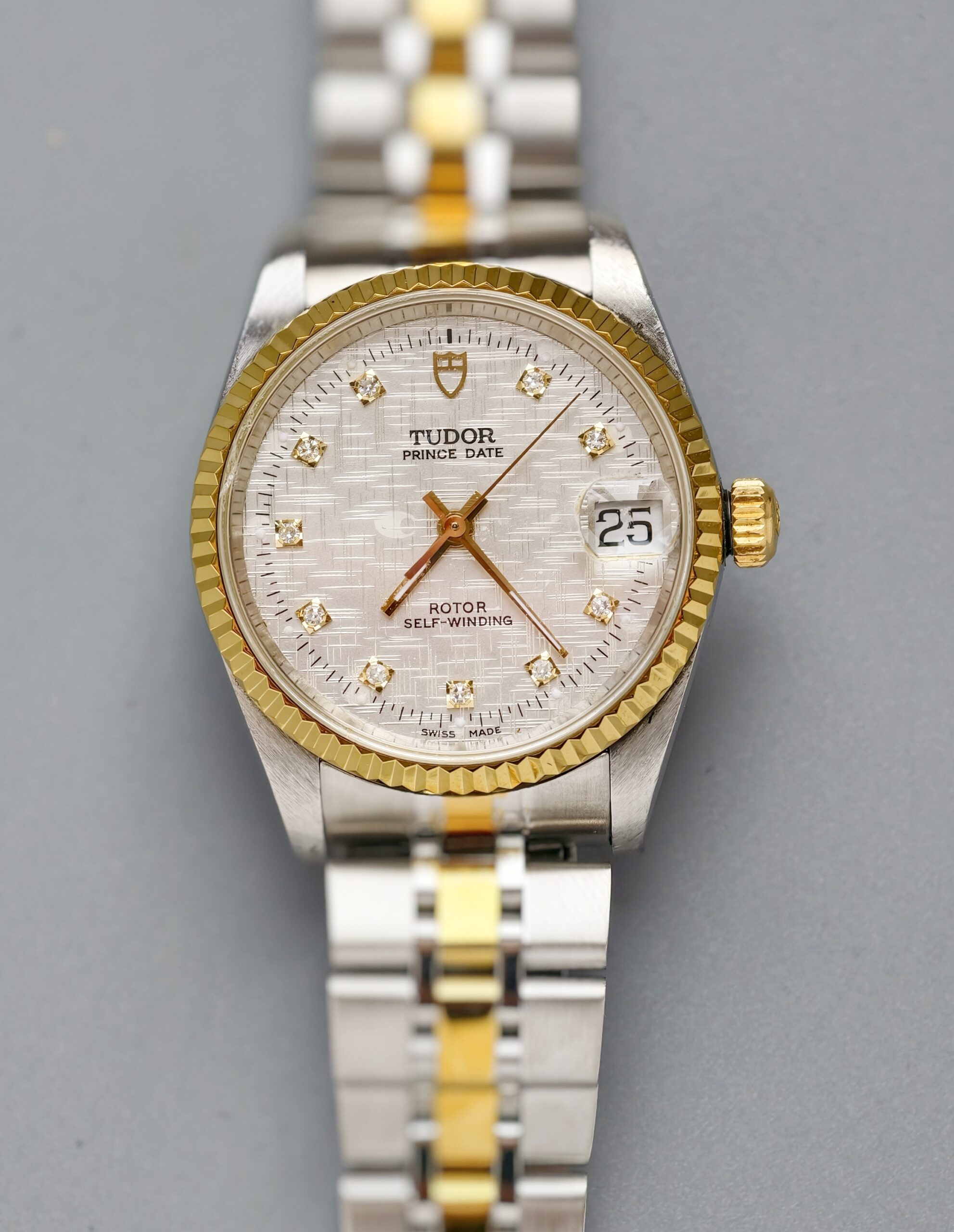tudor prince date ref.72033 two tone steel & gold automatic watch, factory diamond linen dial tudor prince date ref.72033 two tone steel & gold automatic watch, factory diamond linen dial