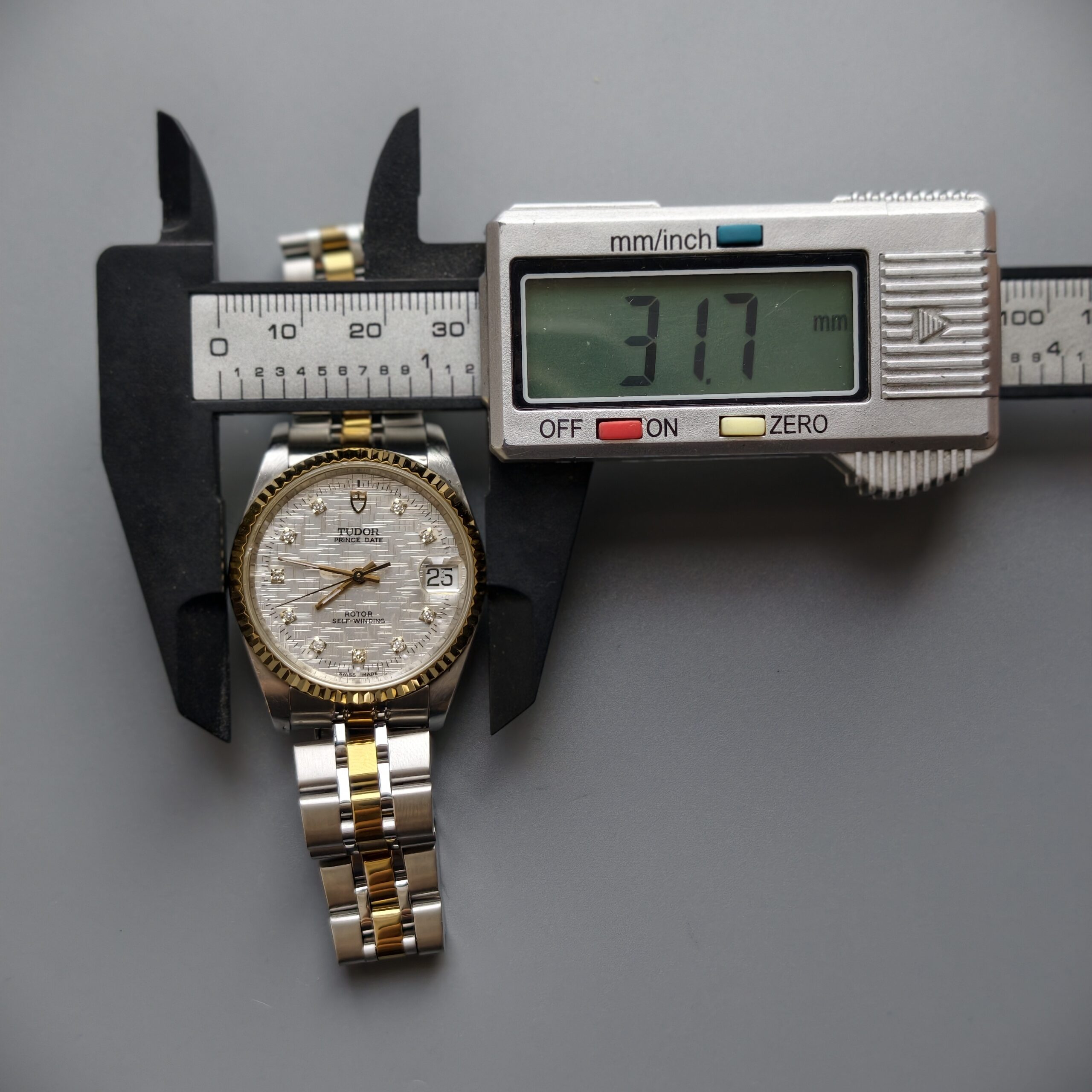 tudor prince date ref.72033 two tone steel & gold automatic watch, factory diamond linen dial tudor prince date ref.72033 two tone steel & gold automatic watch, factory diamond linen dial
