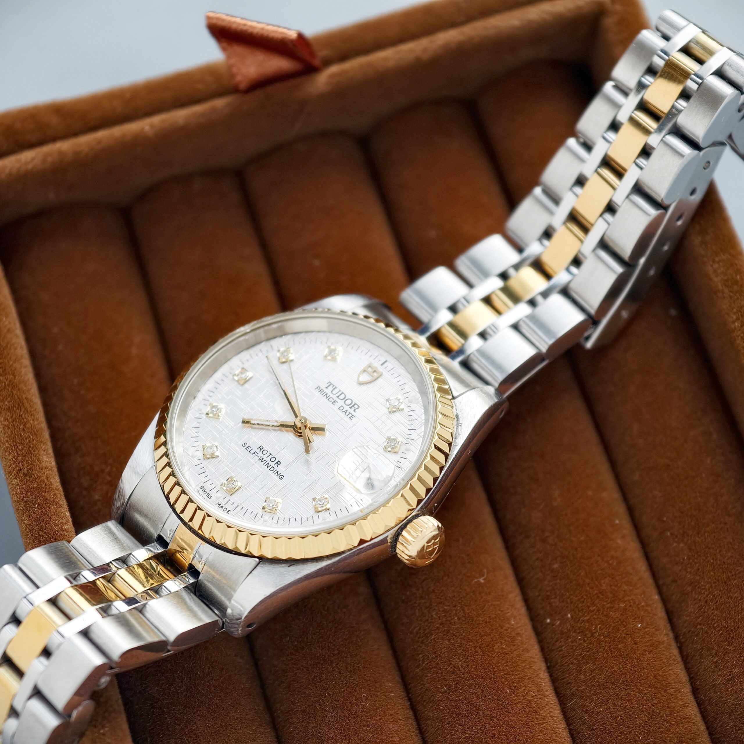 tudor prince date ref.72033 two tone steel & gold automatic watch, factory diamond linen dial tudor prince date ref.72033 two tone steel & gold automatic watch, factory diamond linen dial