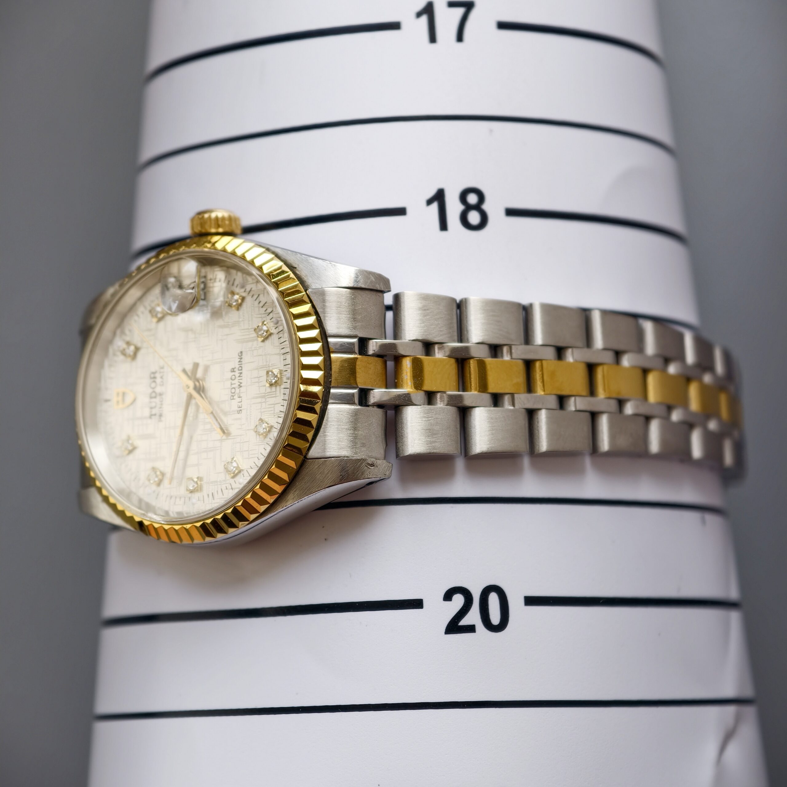 tudor prince date ref.72033 two tone steel & gold automatic watch, factory diamond linen dial tudor prince date ref.72033 two tone steel & gold automatic watch, factory diamond linen dial